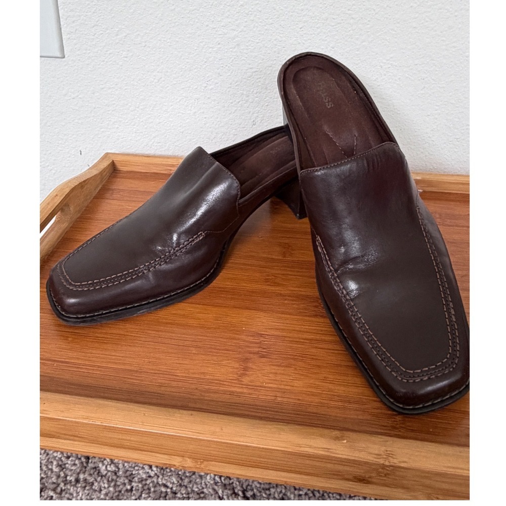 Bass Ceecee Brown Leather Square Toe Block Heel Mules 9.5M 621020A-206 Preppy - Picture 14 of 16